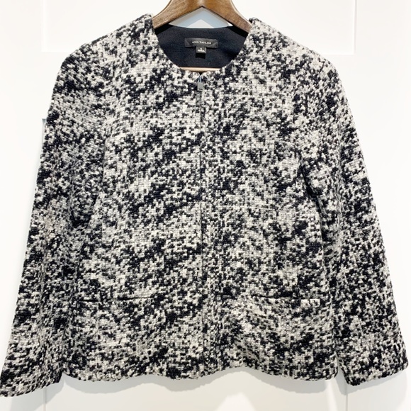 Ann Taylor Wool Blend Black White Full Zip Blazer - Picture 1 of 11